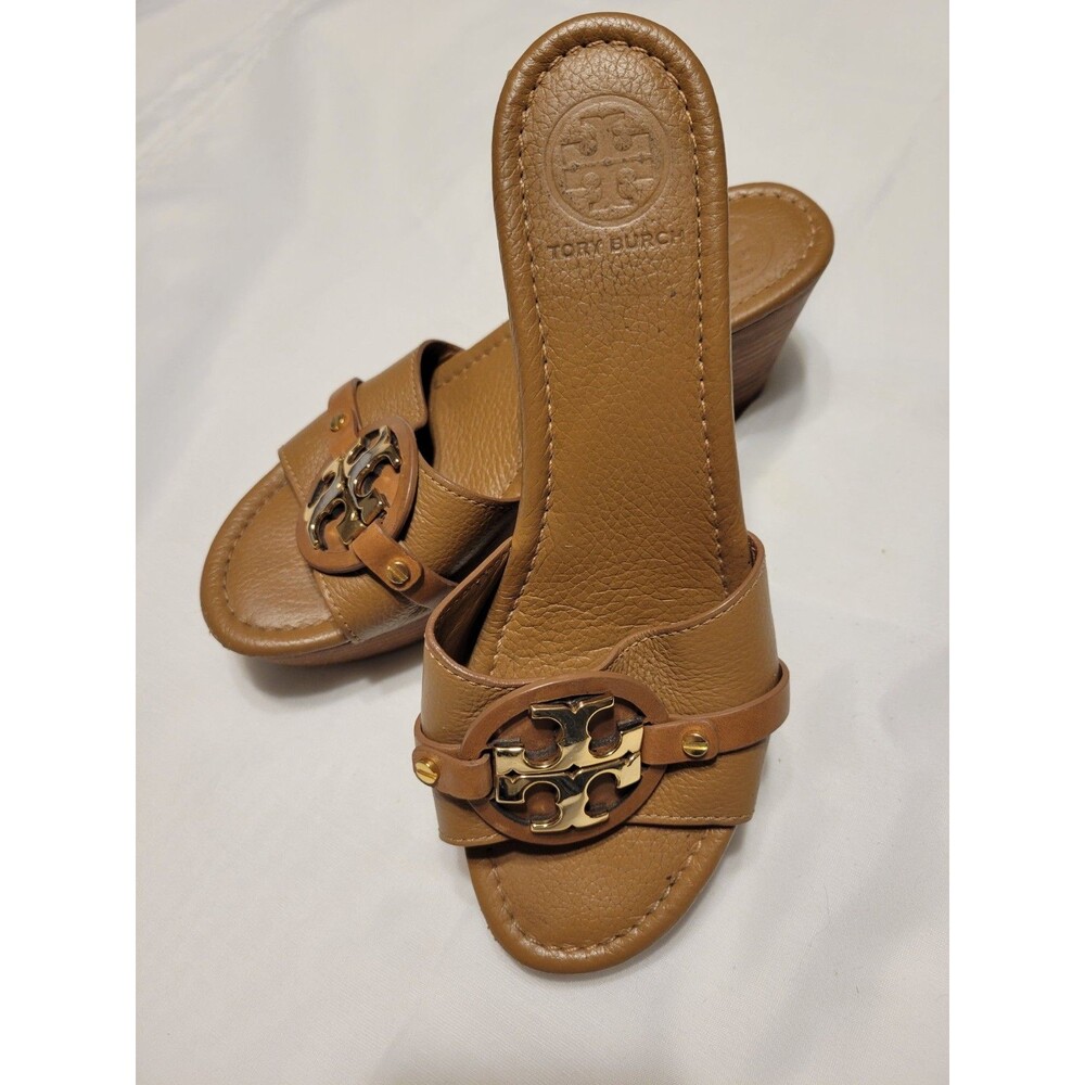 Tory Burch Women's Brown Leather Logo Wedge Slide Slip-On Sandals Size 7.5